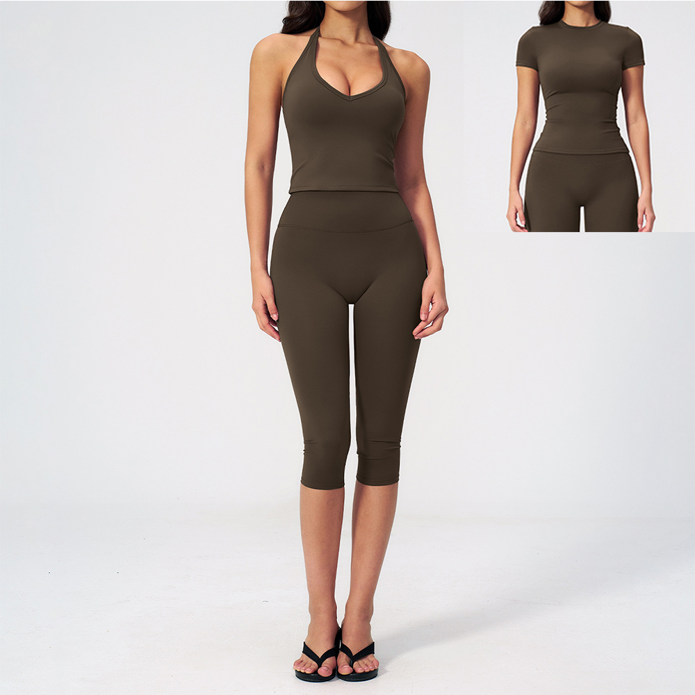 Yoga Daily Fitness - Women Halter Ruched V Neck 2/3Piece